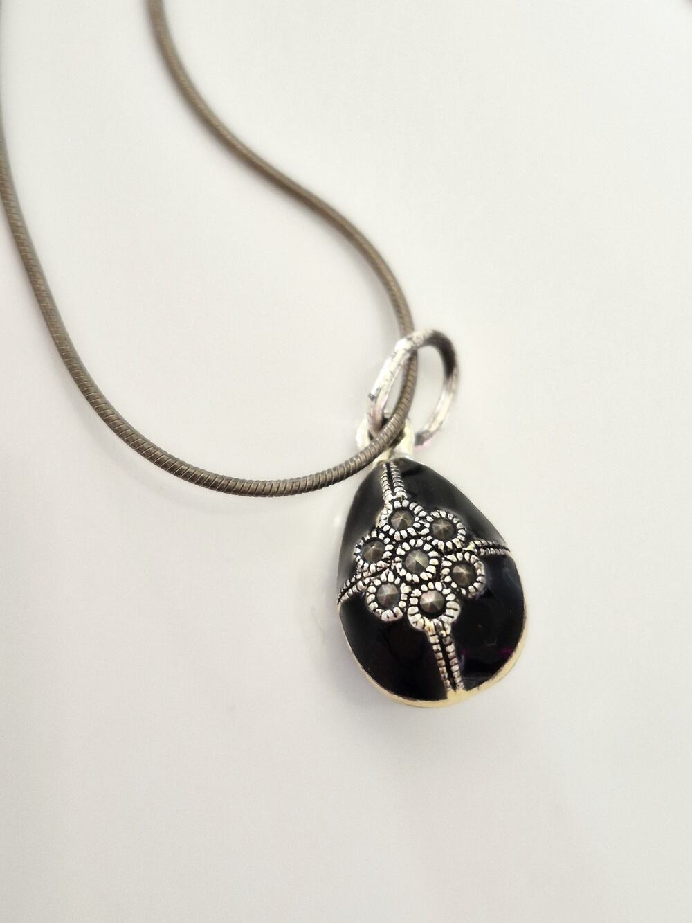 Vintage Sterling Silver Egg Marcasite Necklace
